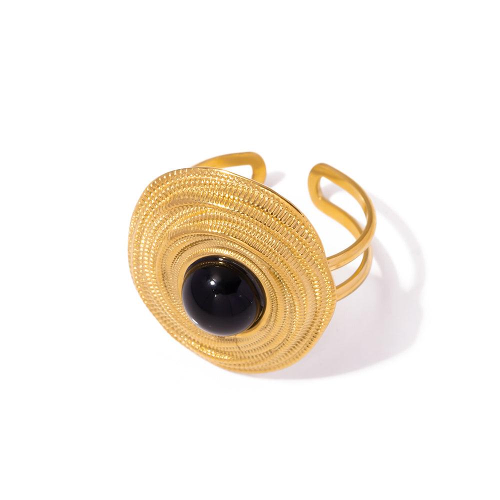 Wholesale Retro Roman Style Geometric Stainless Steel Open Rings 18K Gold Plated with Agate Inlay - coojewelry