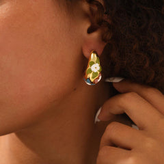 Wholesale Simple Artistic Korean Style Water Droplets Flower Petal Enamel Plating 304 Stainless Steel 18K Gold Plated Ear Studs - coojewelry