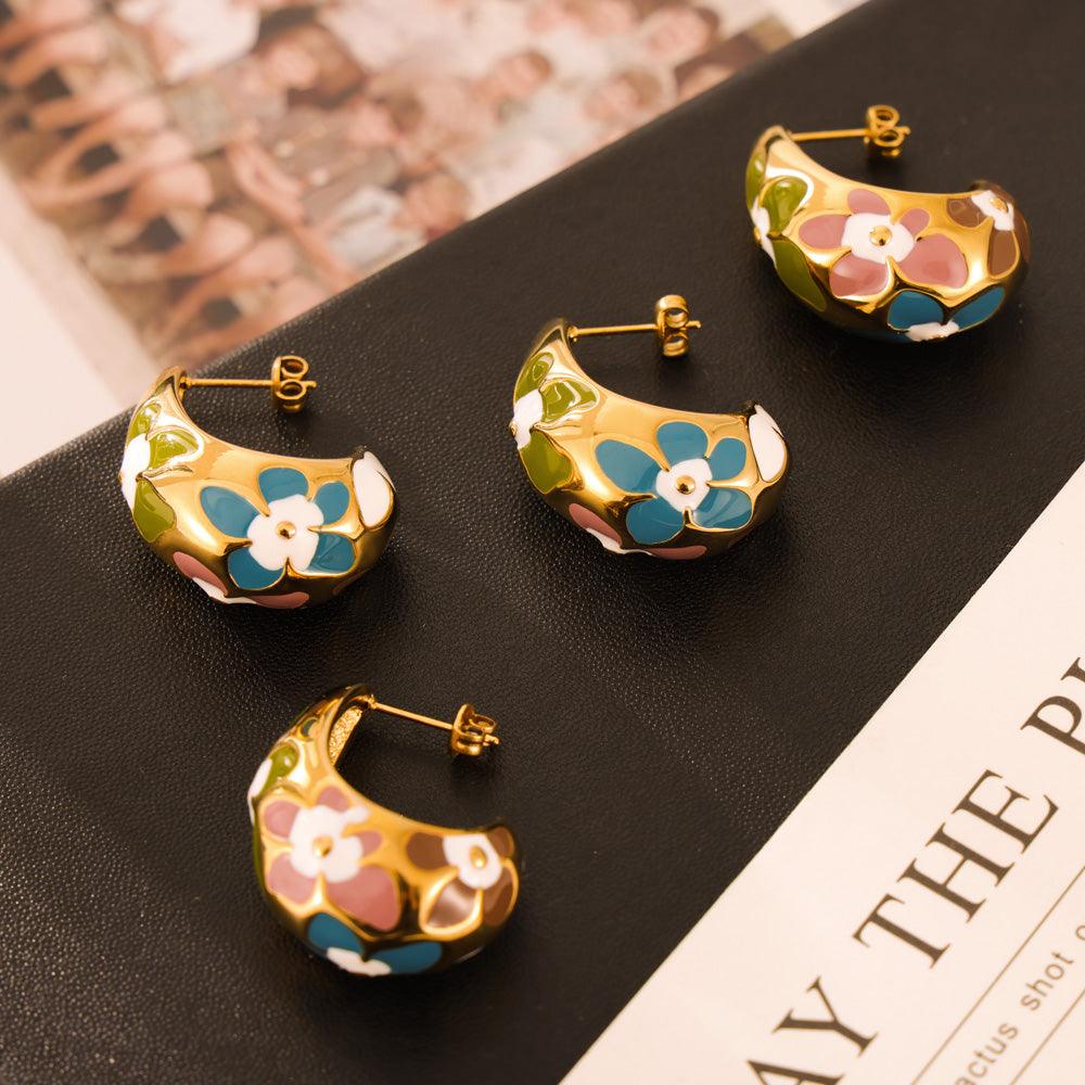 Wholesale Simple Artistic Korean Style Water Droplets Flower Petal Enamel Plating 304 Stainless Steel 18K Gold Plated Ear Studs - coojewelry