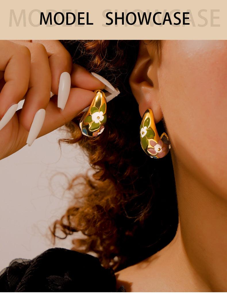 Wholesale Simple Artistic Korean Style Water Droplets Flower Petal Enamel Plating 304 Stainless Steel 18K Gold Plated Ear Studs - coojewelry