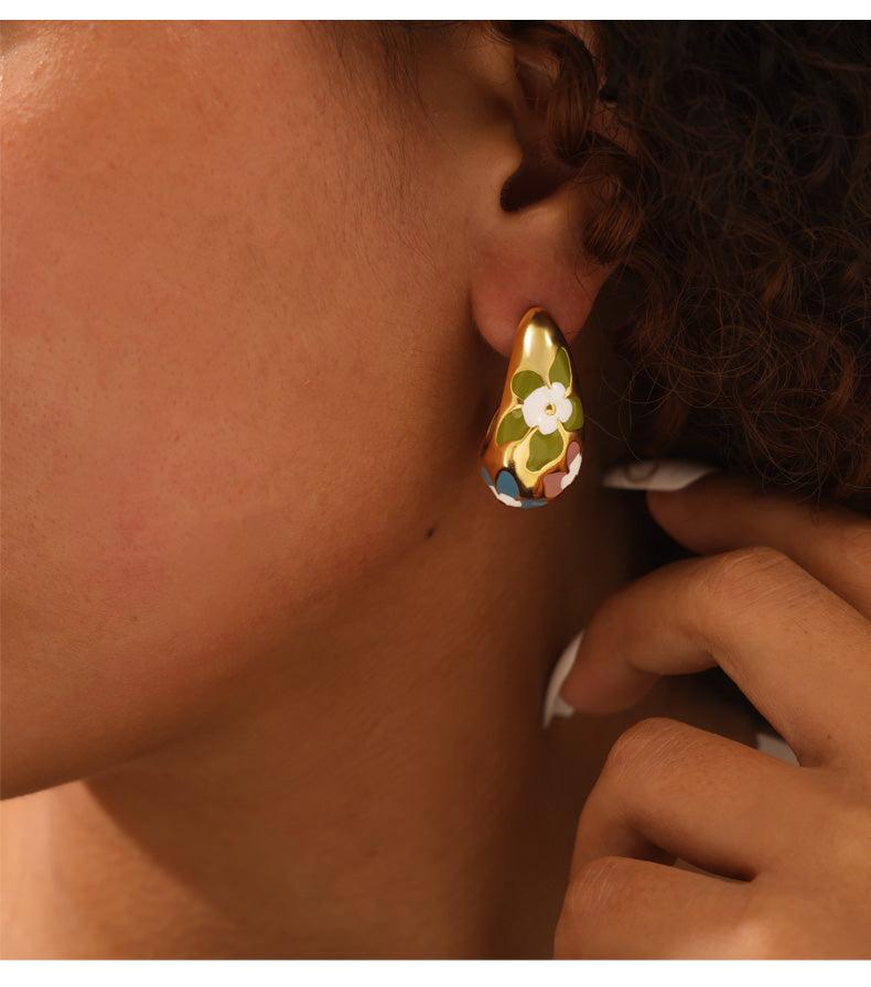 Wholesale Simple Artistic Korean Style Water Droplets Flower Petal Enamel Plating 304 Stainless Steel 18K Gold Plated Ear Studs - coojewelry