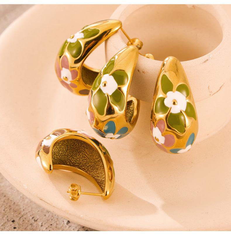 Wholesale Simple Artistic Korean Style Water Droplets Flower Petal Enamel Plating 304 Stainless Steel 18K Gold Plated Ear Studs - coojewelry