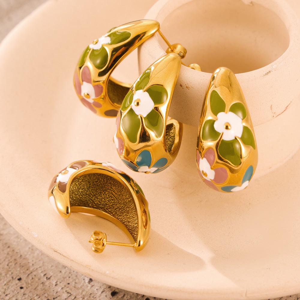 Wholesale Simple Artistic Korean Style Water Droplets Flower Petal Enamel Plating 304 Stainless Steel 18K Gold Plated Ear Studs - coojewelry