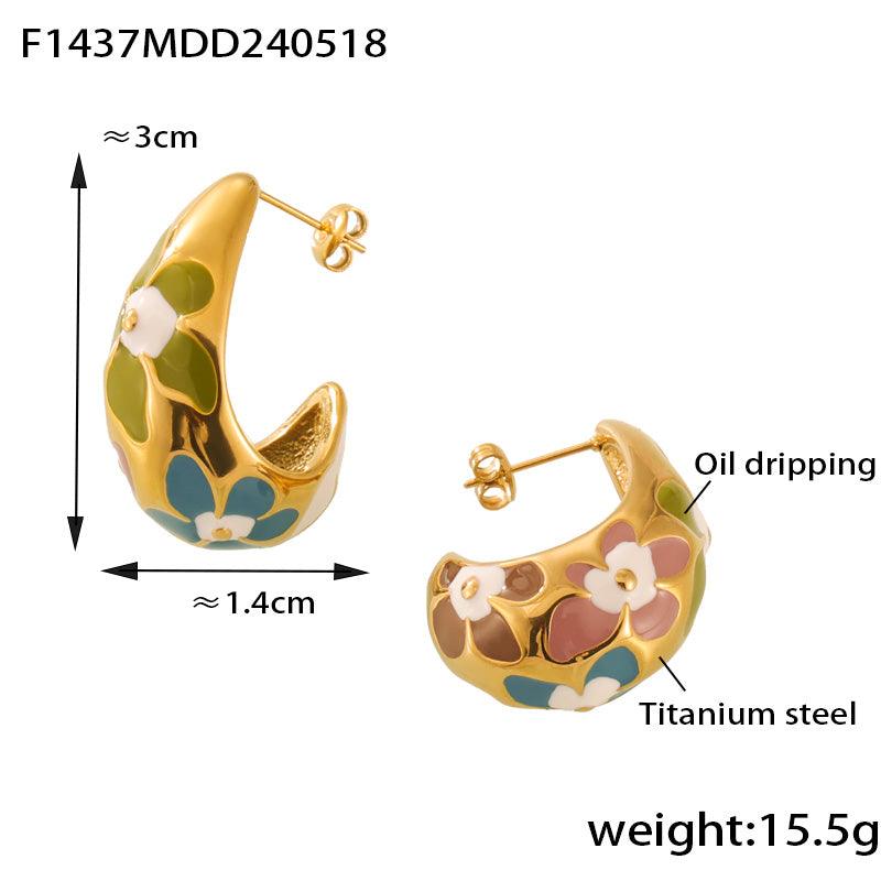 Wholesale Simple Artistic Korean Style Water Droplets Flower Petal Enamel Plating 304 Stainless Steel 18K Gold Plated Ear Studs - coojewelry