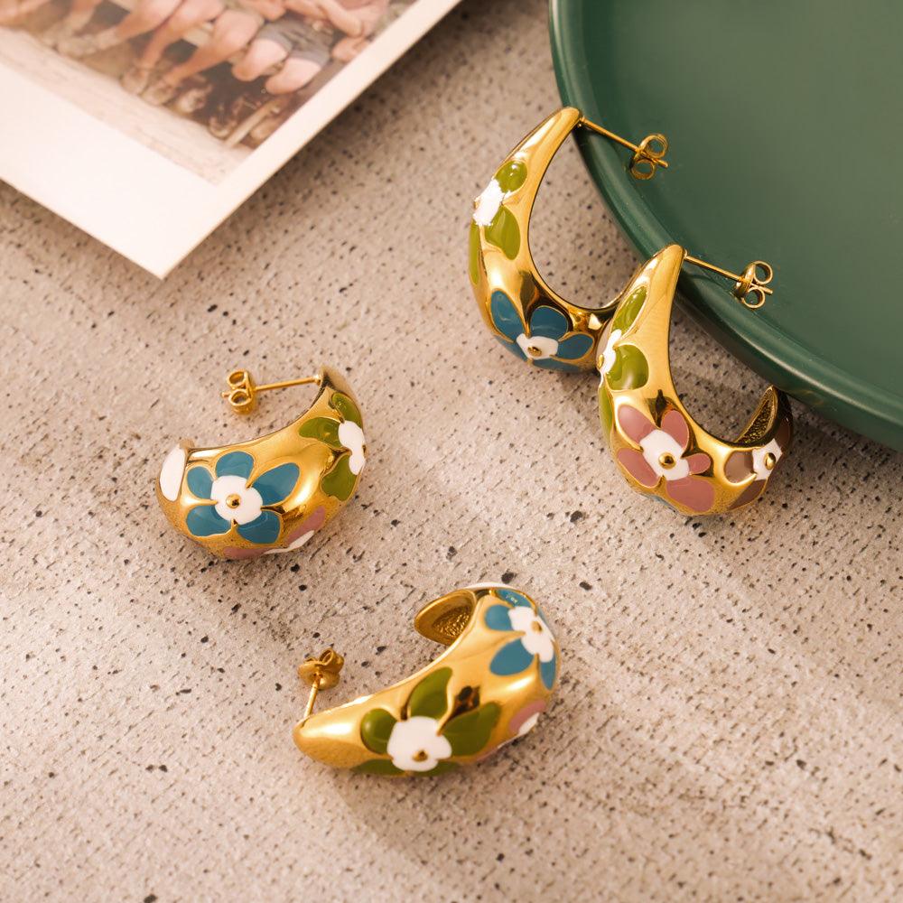 Wholesale Simple Artistic Korean Style Water Droplets Flower Petal Enamel Plating 304 Stainless Steel 18K Gold Plated Ear Studs - coojewelry