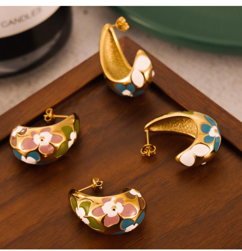 Wholesale Simple Artistic Korean Style Water Droplets Flower Petal Enamel Plating 304 Stainless Steel 18K Gold Plated Ear Studs - coojewelry