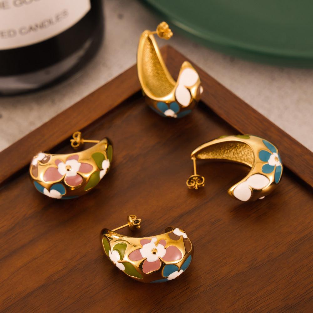 Wholesale Simple Artistic Korean Style Water Droplets Flower Petal Enamel Plating 304 Stainless Steel 18K Gold Plated Ear Studs - coojewelry