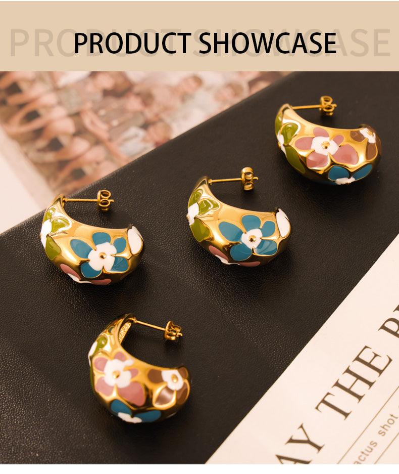 Wholesale Simple Artistic Korean Style Water Droplets Flower Petal Enamel Plating 304 Stainless Steel 18K Gold Plated Ear Studs - coojewelry