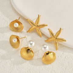 Wholesale Simple Classic Solid Color Inlay 304 Stainless Steel Pearl Ear Studs for Women - coojewelry