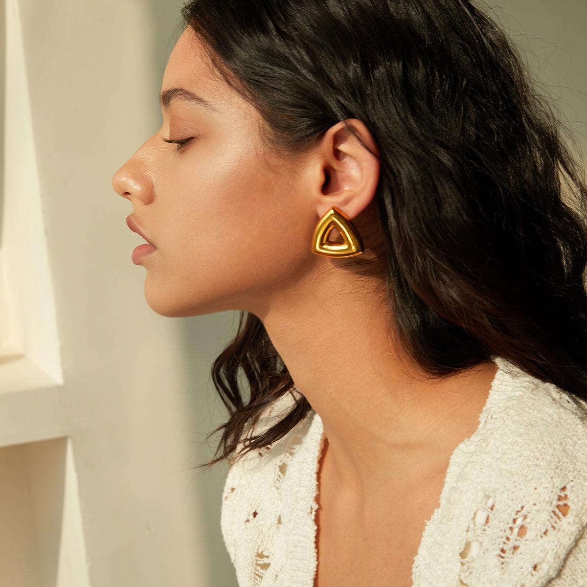 Wholesale Simple Classic Style Solid Color Plating Stainless Steel 18K Gold Plated Ear Studs Pair - coojewelry