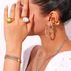 Wholesale Simple Classic Style Solid Color Stainless Steel Plating Rhinestones Inlay 18K Gold Plated Bracelets - coojewelry
