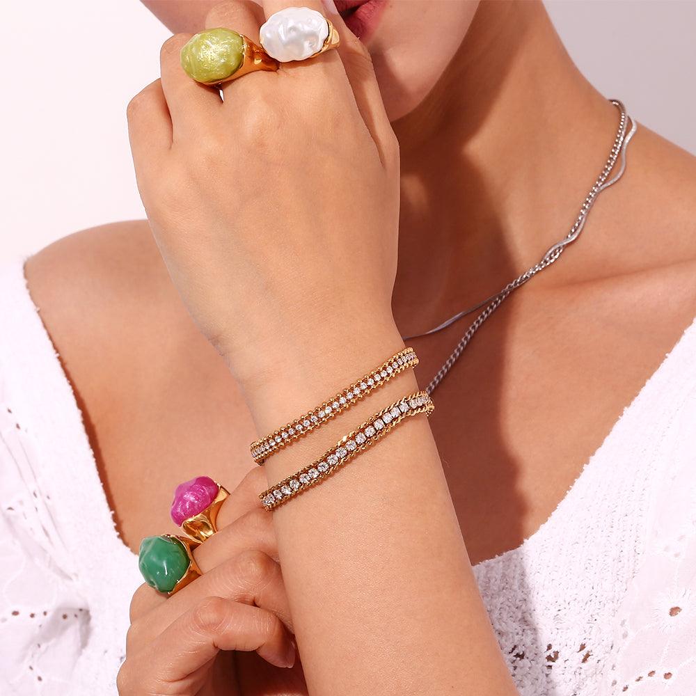 Wholesale Simple Classic Style Solid Color Stainless Steel Plating Rhinestones Inlay 18K Gold Plated Bracelets - coojewelry