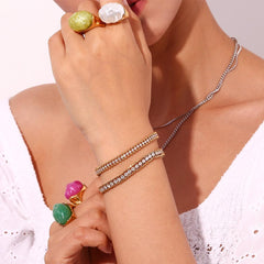 Wholesale Simple Classic Style Solid Color Stainless Steel Plating Rhinestones Inlay 18K Gold Plated Bracelets - coojewelry