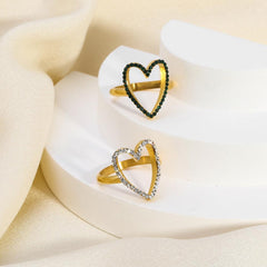 Wholesale Simple Heart Shaped Stainless Steel Rings | 18K Gold Plated with Rhinestone Inlays - coojewelry