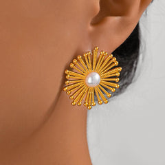 Wholesale Simple Shiny Solid Color Plating Inlay 201 Stainless Steel Artificial Pearls 18K Gold Plated Drop Earrings - coojewelry