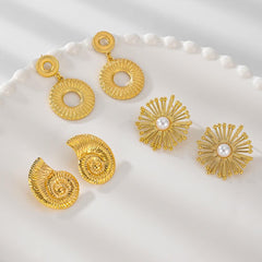 Wholesale Simple Shiny Solid Color Plating Inlay 201 Stainless Steel Artificial Pearls 18K Gold Plated Drop Earrings - coojewelry
