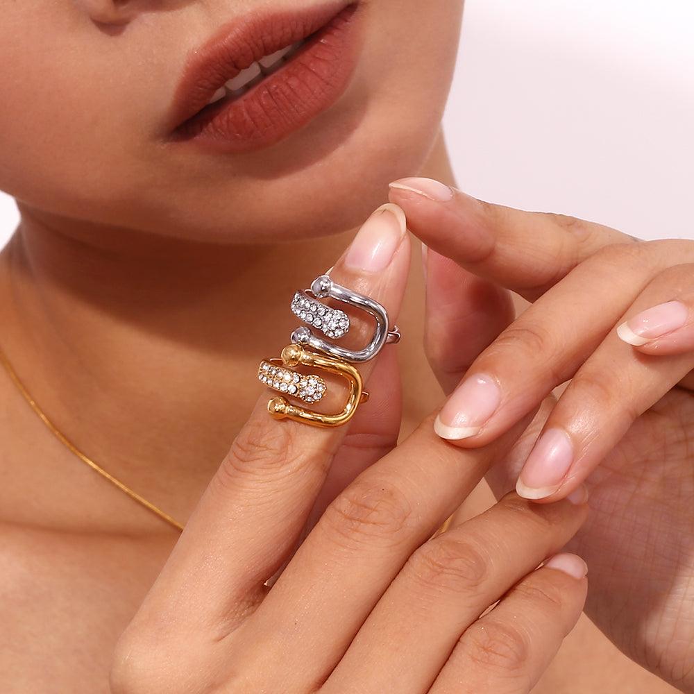 Wholesale Simple Style Classic Style Solid Color Stainless Steel Plating Inlay Rhinestones 18K Gold Plated Open Rings - coojewelry