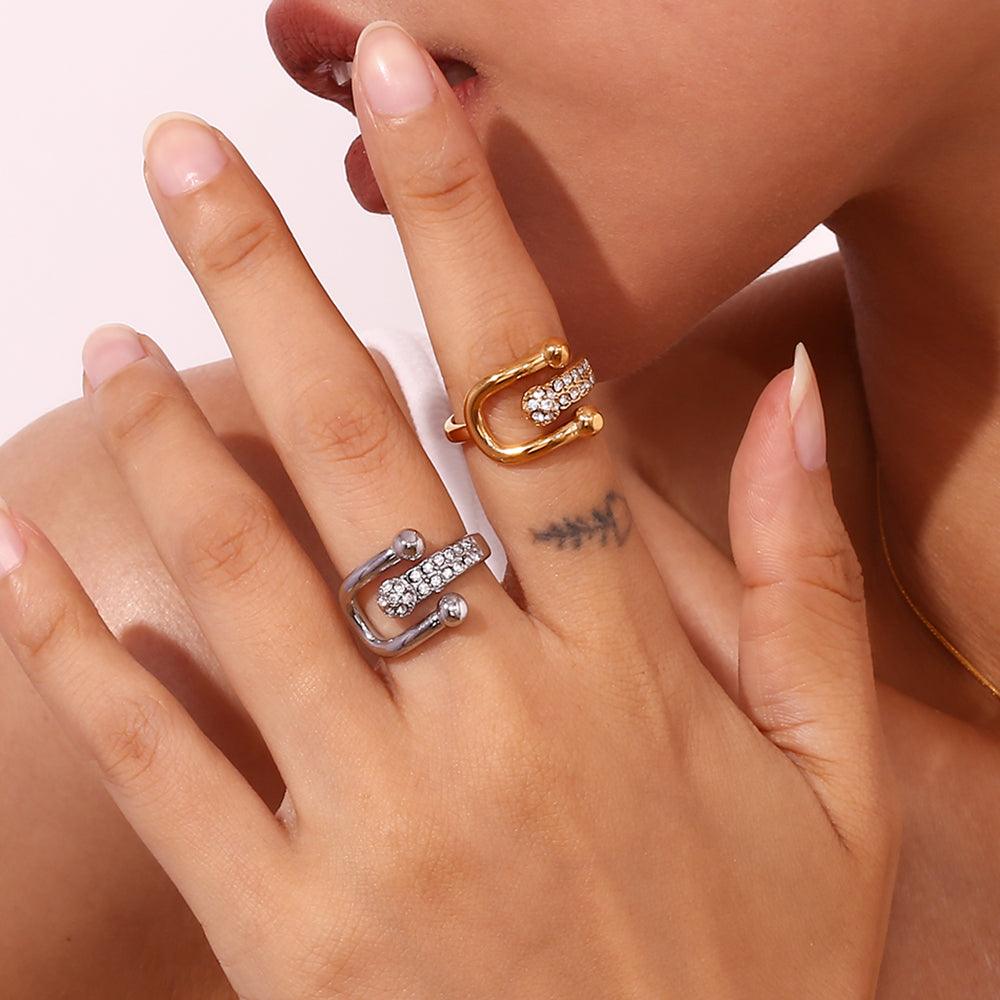 Wholesale Simple Style Classic Style Solid Color Stainless Steel Plating Inlay Rhinestones 18K Gold Plated Open Rings - coojewelry