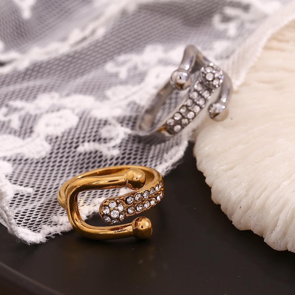 Wholesale Simple Style Classic Style Solid Color Stainless Steel Plating Inlay Rhinestones 18K Gold Plated Open Rings - coojewelry