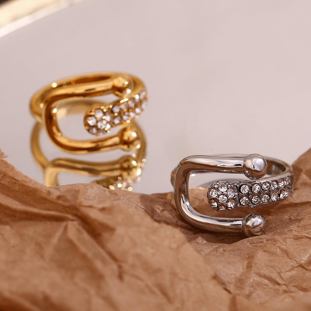 Wholesale Simple Style Classic Style Solid Color Stainless Steel Plating Inlay Rhinestones 18K Gold Plated Open Rings - coojewelry