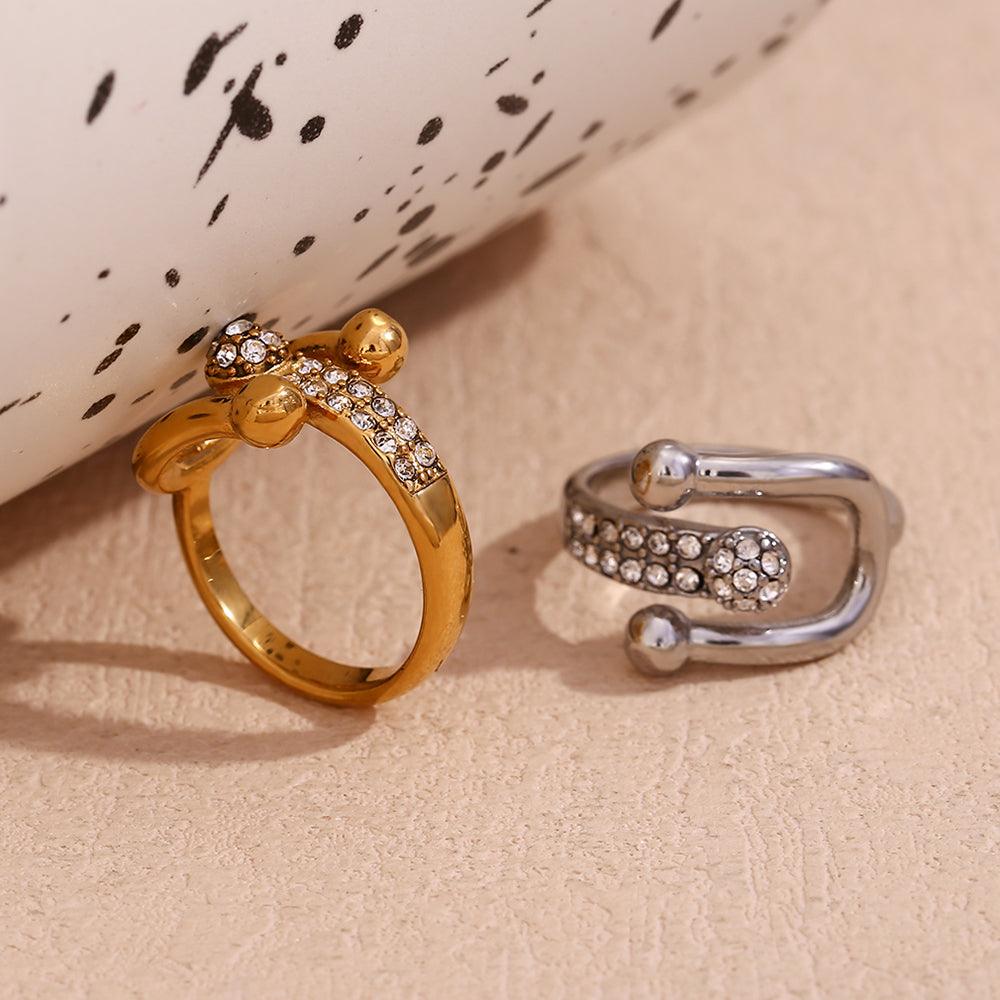 Wholesale Simple Style Classic Style Solid Color Stainless Steel Plating Inlay Rhinestones 18K Gold Plated Open Rings - coojewelry