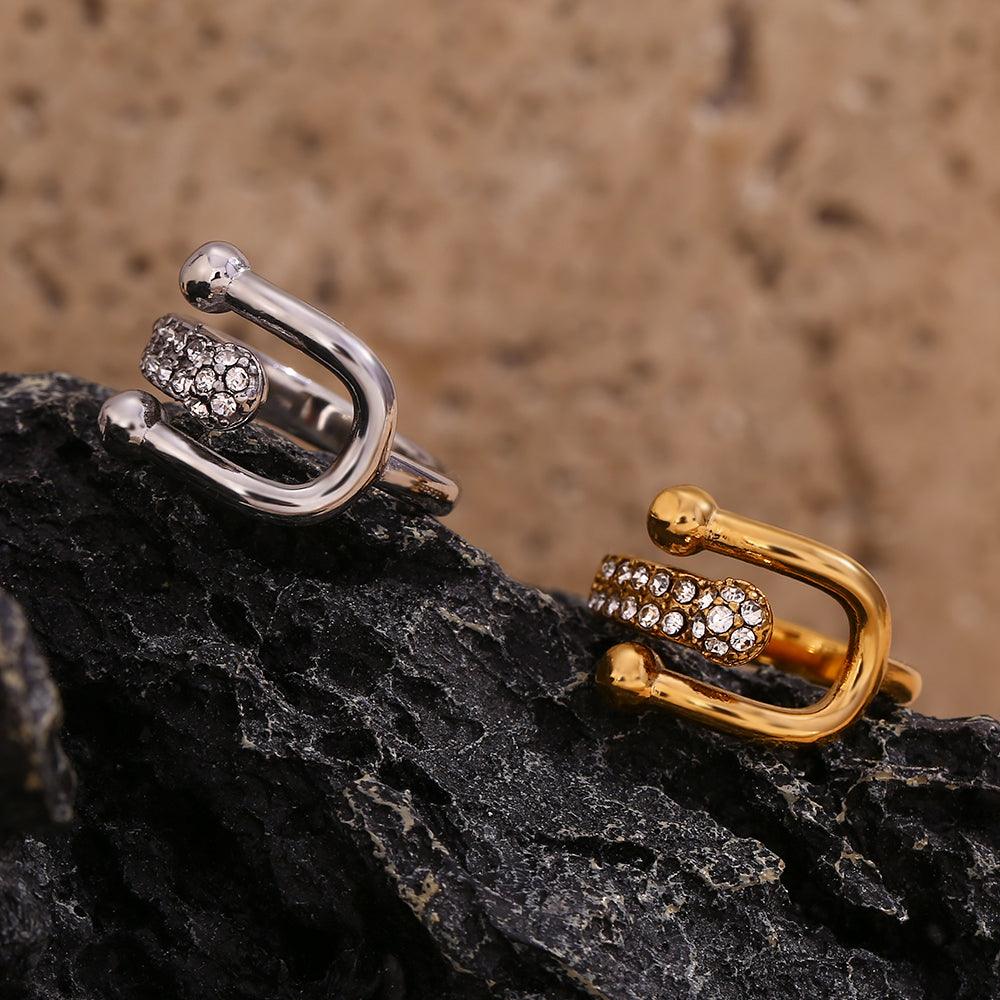 Wholesale Simple Style Classic Style Solid Color Stainless Steel Plating Inlay Rhinestones 18K Gold Plated Open Rings - coojewelry