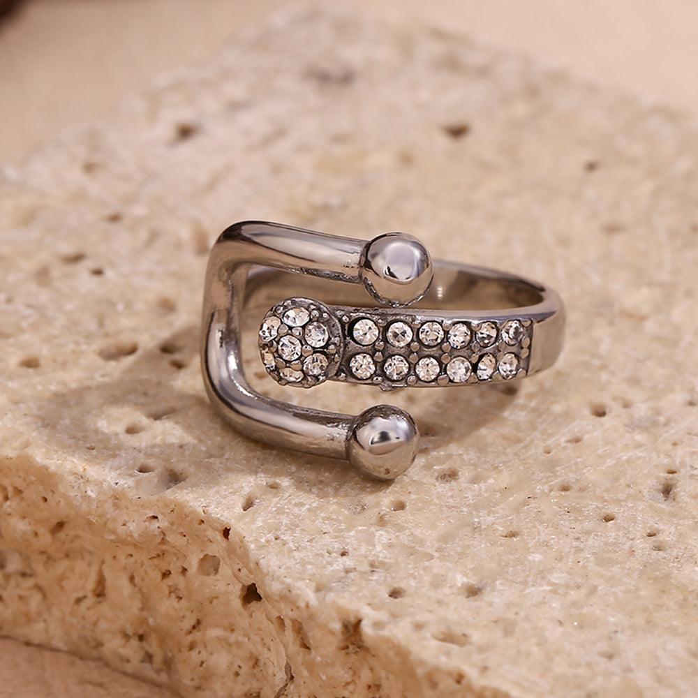 Wholesale Simple Style Classic Style Solid Color Stainless Steel Plating Inlay Rhinestones 18K Gold Plated Open Rings - coojewelry