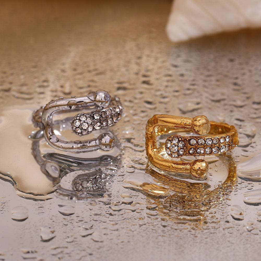Wholesale Simple Style Classic Style Solid Color Stainless Steel Plating Inlay Rhinestones 18K Gold Plated Open Rings - coojewelry
