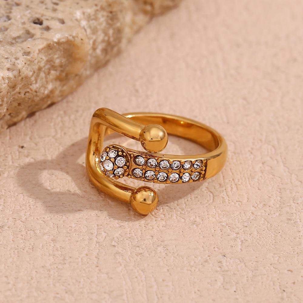 Wholesale Simple Style Classic Style Solid Color Stainless Steel Plating Inlay Rhinestones 18K Gold Plated Open Rings - coojewelry