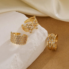 Wholesale Simple Style Commute Copper Open Rings Solid Color 18K Gold Plated with Zircon - coojewelry