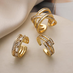 Wholesale Simple Style Commute Cross Copper 18K Gold Plated Zircon Open Rings In Bulk - coojewelry