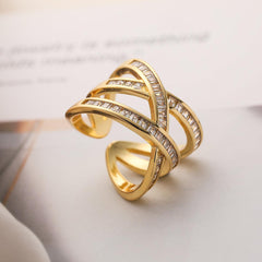 Wholesale Simple Style Commute Cross Copper 18K Gold Plated Zircon Open Rings In Bulk - coojewelry