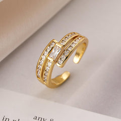 Wholesale Simple Style Commute Cross Copper 18K Gold Plated Zircon Open Rings In Bulk - coojewelry