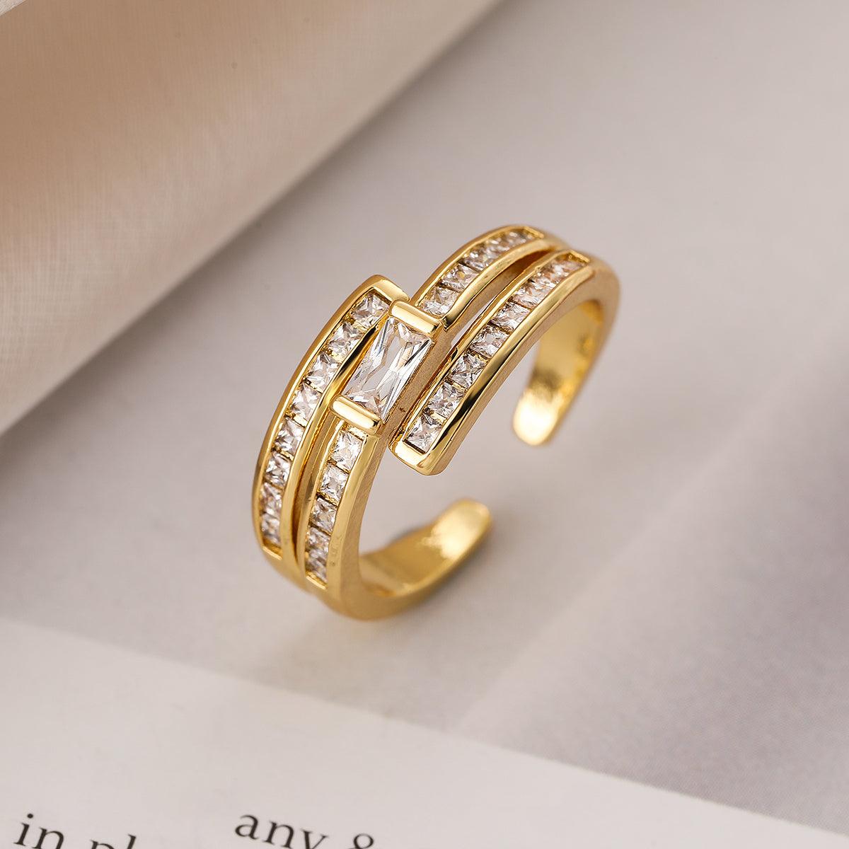 Wholesale Simple Style Commute Cross Copper 18K Gold Plated Zircon Open Rings In Bulk - coojewelry