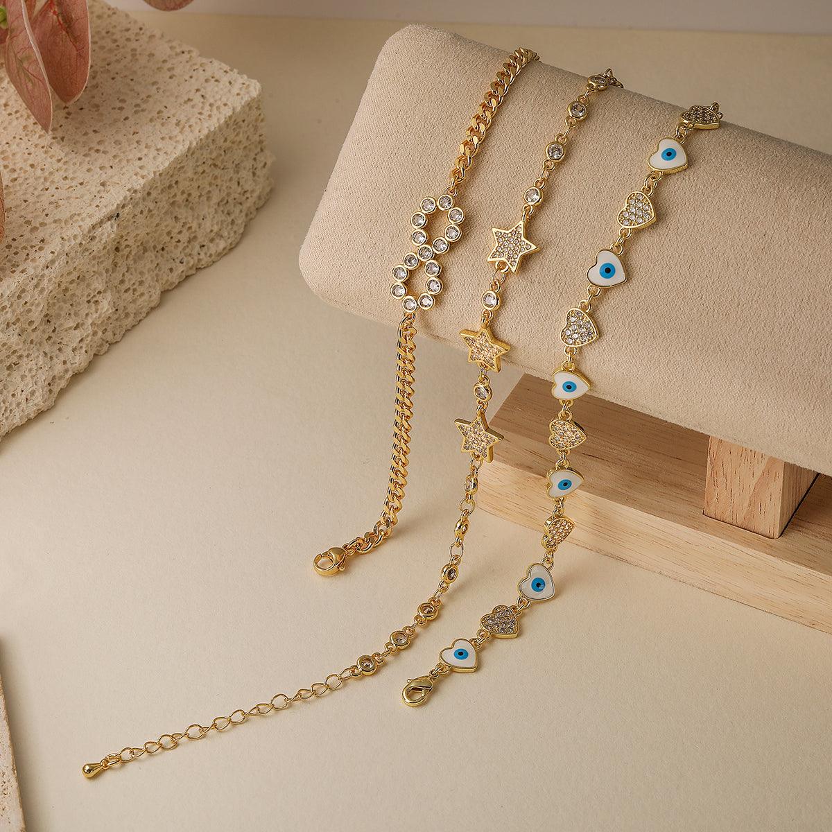 Wholesale Simple Style Commute Devil's Eye Heart Shape Copper Enamel Plating Inlay Zircon 18K Gold Plated Bracelets - coojewelry