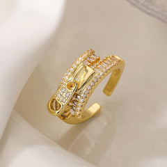 Wholesale Simple Style Commute Geometric Copper Inlay 18K Gold Plated Zircon Open Rings - coojewelry