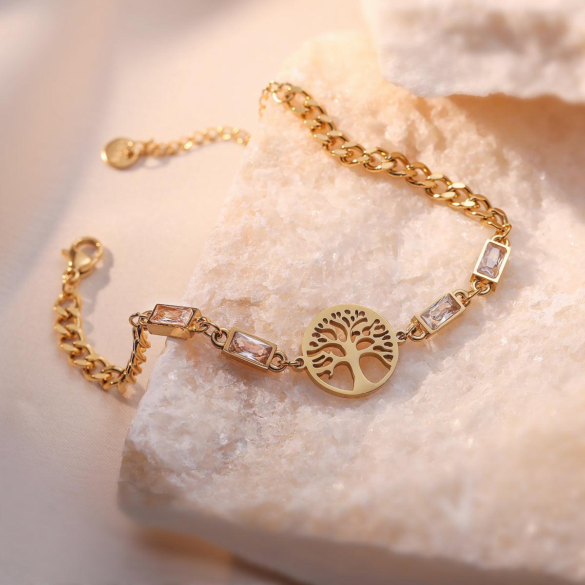 Wholesale Simple Style Commute Tree Titanium Steel Plating Zircon Inlay 18K Gold Plated Bracelets - coojewelry