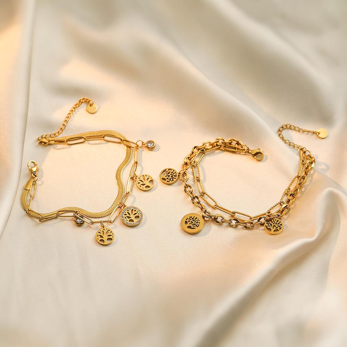Wholesale Simple Style Geometric Life Tree Titanium Steel Plating Zircon Inlay 18K Gold Plated Bracelets - coojewelry