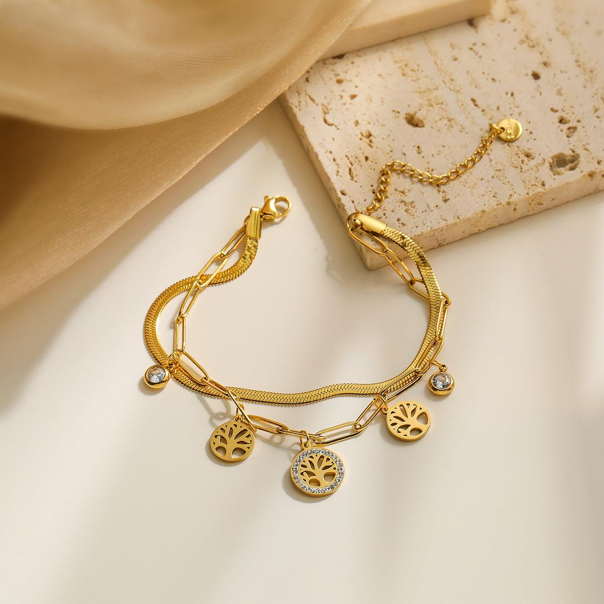 Wholesale Simple Style Geometric Life Tree Titanium Steel Plating Zircon Inlay 18K Gold Plated Bracelets - coojewelry