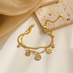 Wholesale Simple Style Geometric Life Tree Titanium Steel Plating Zircon Inlay 18K Gold Plated Bracelets - coojewelry