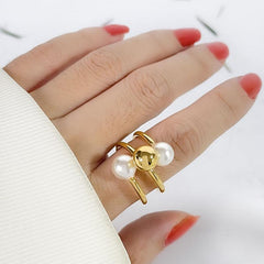 Wholesale Simple Style Geometric Stainless Steel Open Rings with 18k Gold Plated Artificial Pearls Inlay - coojewelry