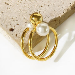 Wholesale Simple Style Geometric Stainless Steel Open Rings with 18k Gold Plated Artificial Pearls Inlay - coojewelry