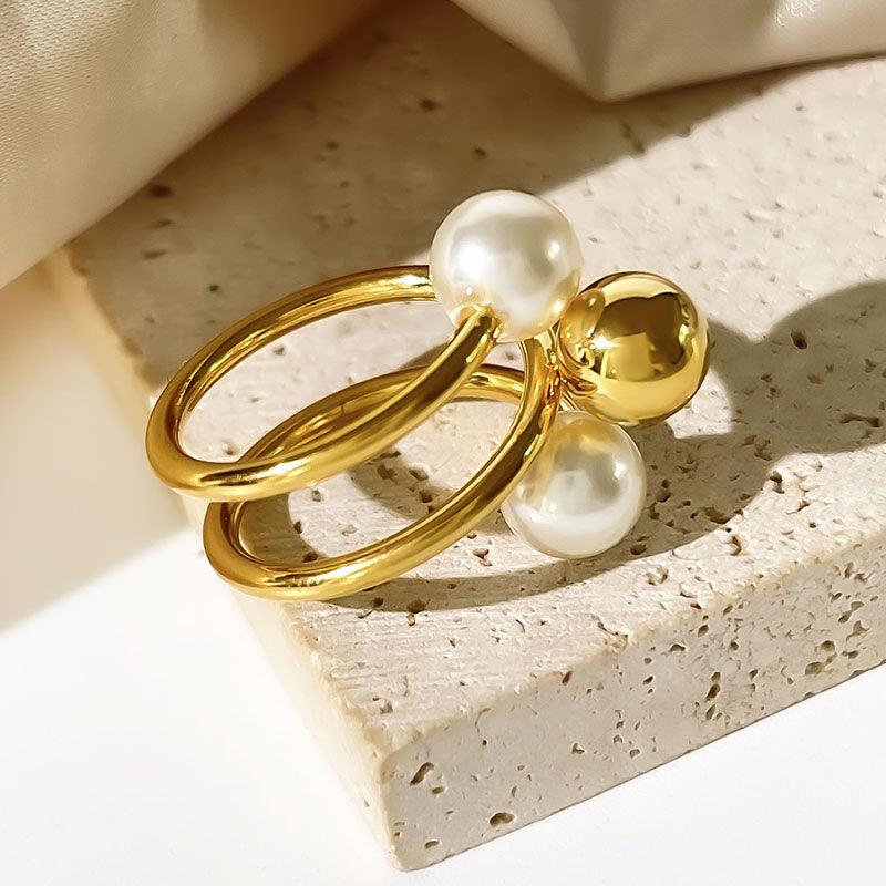 Wholesale Simple Style Geometric Stainless Steel Open Rings with 18k Gold Plated Artificial Pearls Inlay - coojewelry
