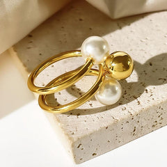 Wholesale Simple Style Geometric Stainless Steel Open Rings with 18k Gold Plated Artificial Pearls Inlay - coojewelry