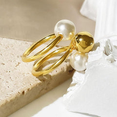 Wholesale Simple Style Geometric Stainless Steel Open Rings with 18k Gold Plated Artificial Pearls Inlay - coojewelry