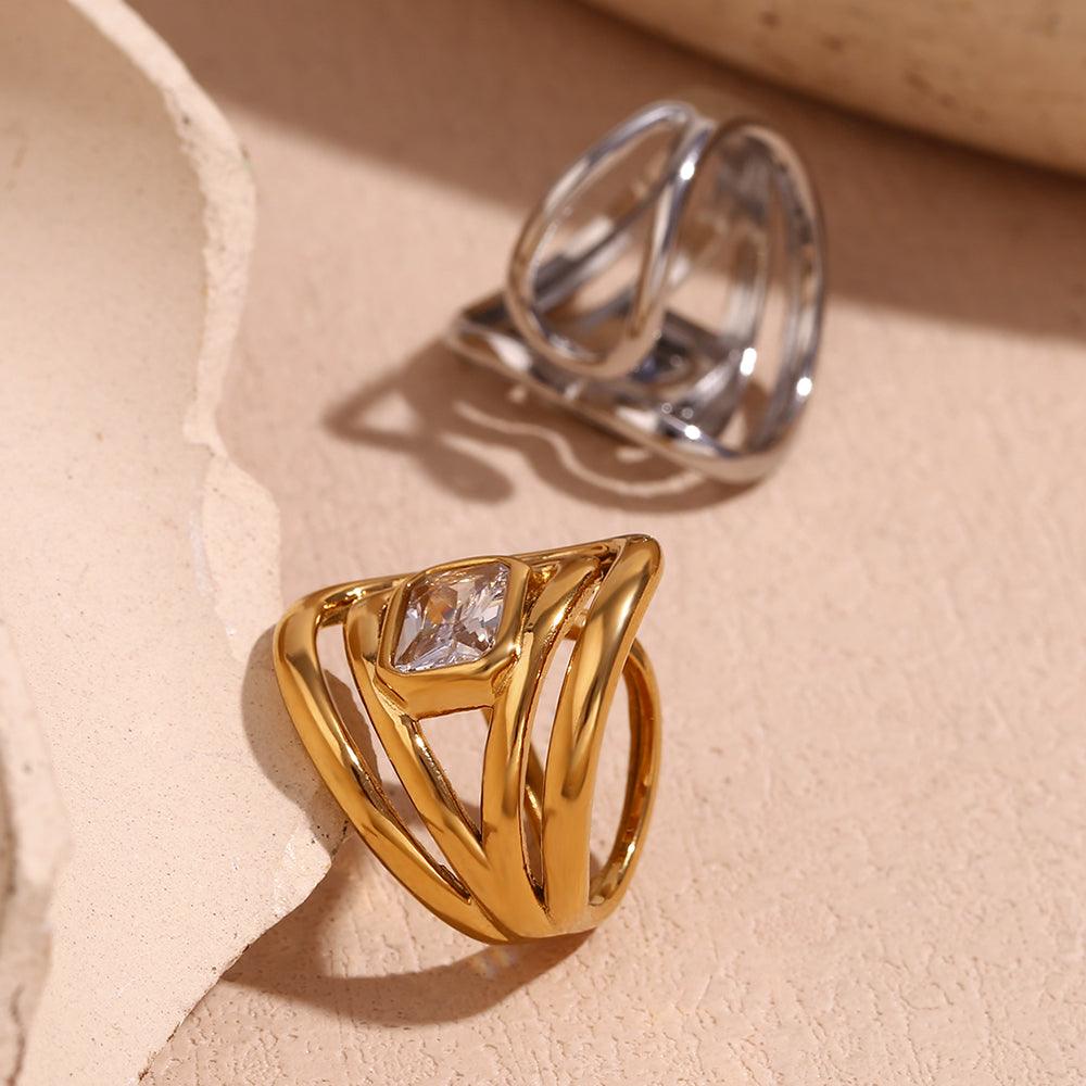 Wholesale Simple Style Geometric Stainless Steel Plating Inlay Zircon 18K Gold Plated Open Rings - coojewelry