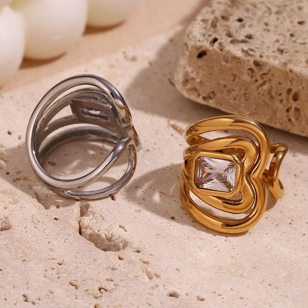 Wholesale Simple Style Geometric Stainless Steel Plating Inlay Zircon 18K Gold Plated Open Rings - coojewelry