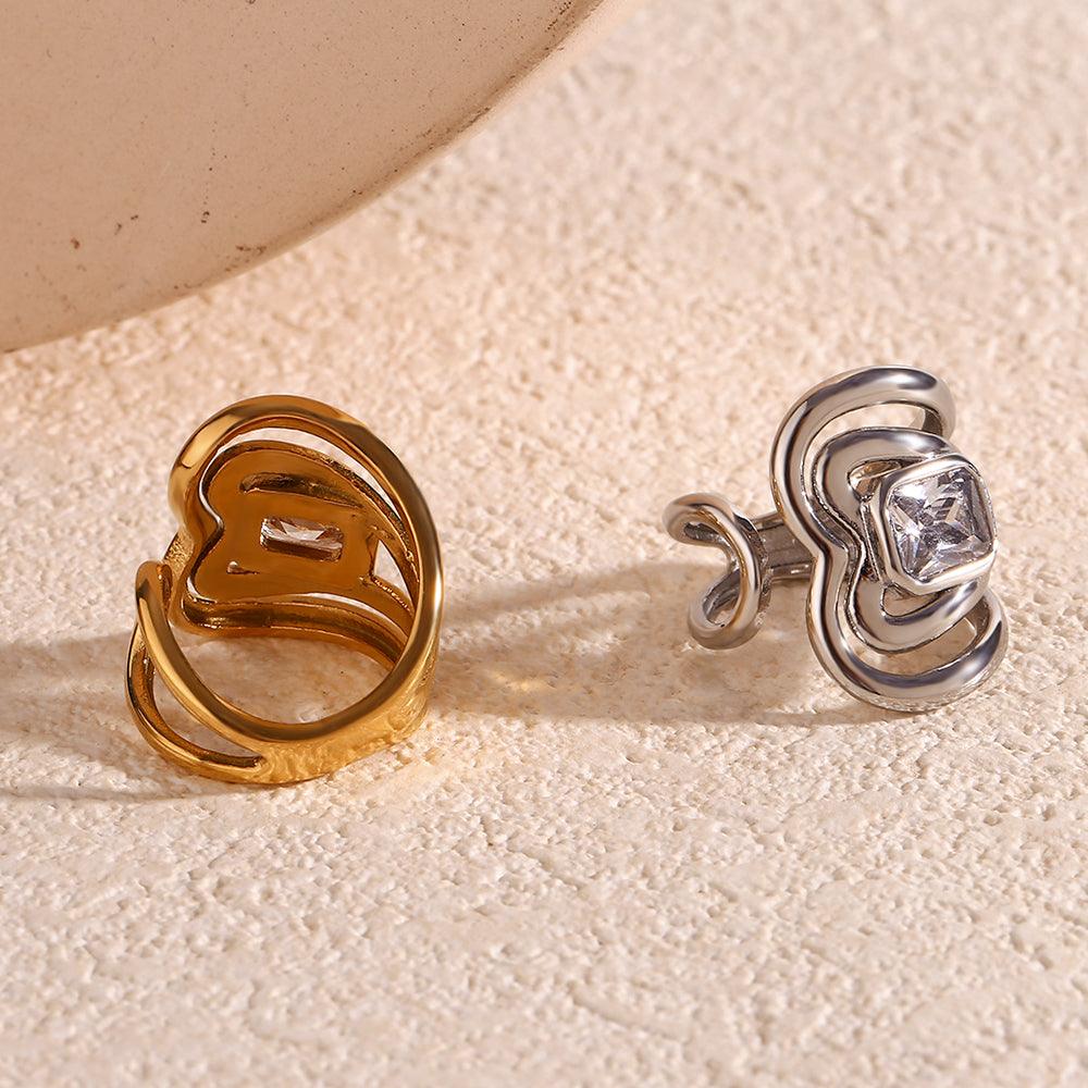Wholesale Simple Style Geometric Stainless Steel Plating Inlay Zircon 18K Gold Plated Open Rings - coojewelry