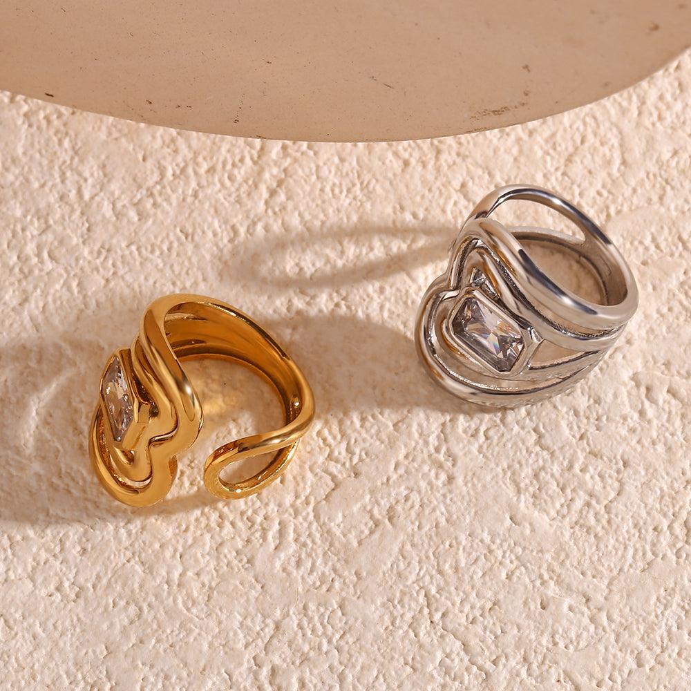 Wholesale Simple Style Geometric Stainless Steel Plating Inlay Zircon 18K Gold Plated Open Rings - coojewelry