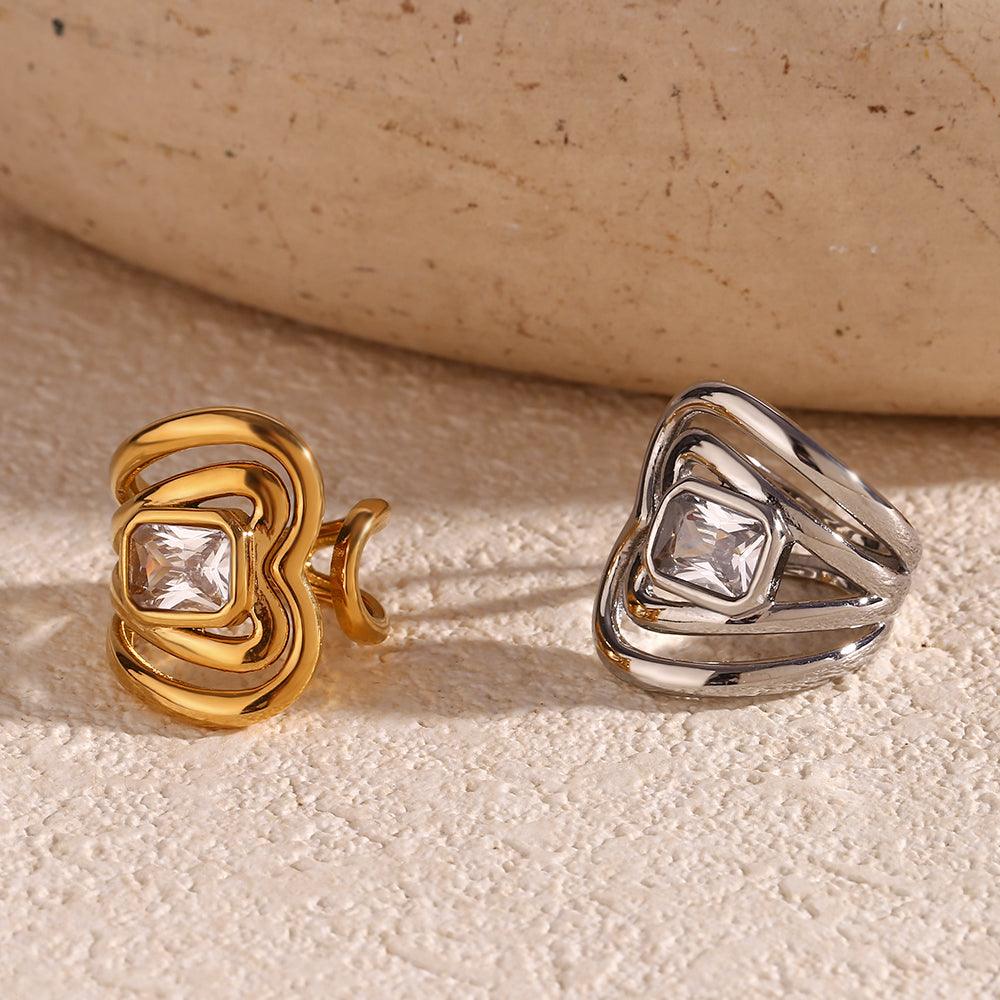 Wholesale Simple Style Geometric Stainless Steel Plating Inlay Zircon 18K Gold Plated Open Rings - coojewelry